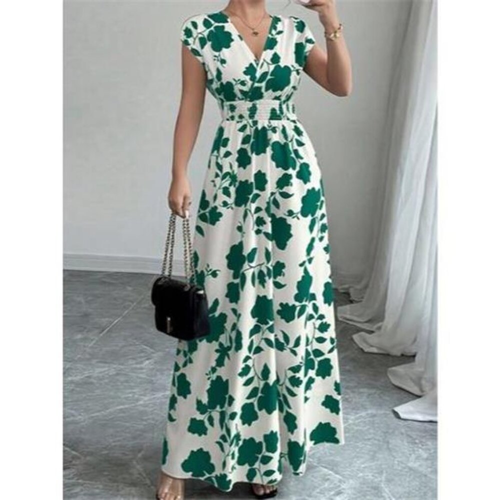 Printed Surplice Cap Sleeve Maxi Dress